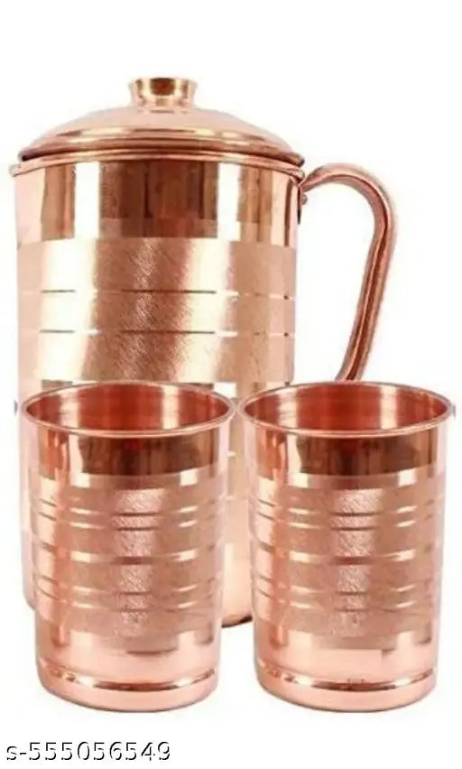 Pure Copper Water Jug 1.5 Litre with 2 Copper Glasses (300ml Each) | Ayurvedic Copper Pitcher Set for Drinking & Storage for Health & Wellness