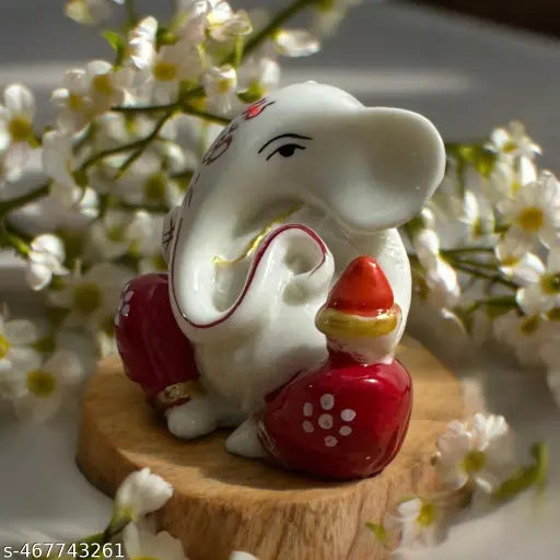 Devine Lord Ganpati/Ganesha Idol - 2x2 Inch Red Ganesh Statue for Car Dashboard, Desk, Office Table, and Diwali Decoration(White-Red)