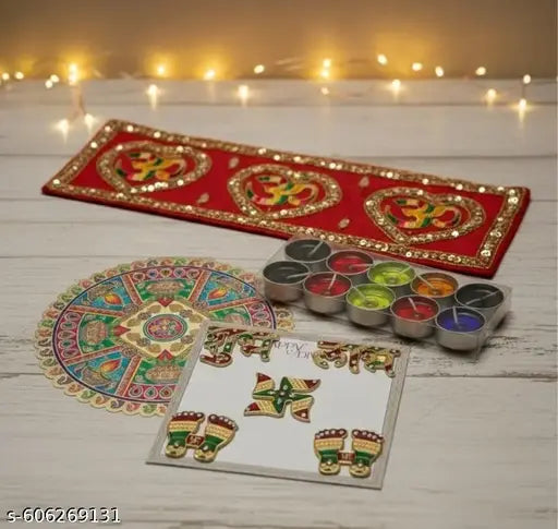 4 in 1 Diwali Decoration for Home & Offices | Candles, Shubh Labh Stickers, Rangoli and Door Hanging