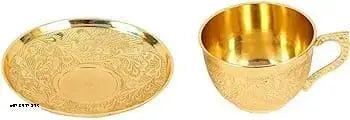 RM Metals Flower Design Brass Tea Cup with Saucer Set. Capacity 200 ml (Pack of 1)