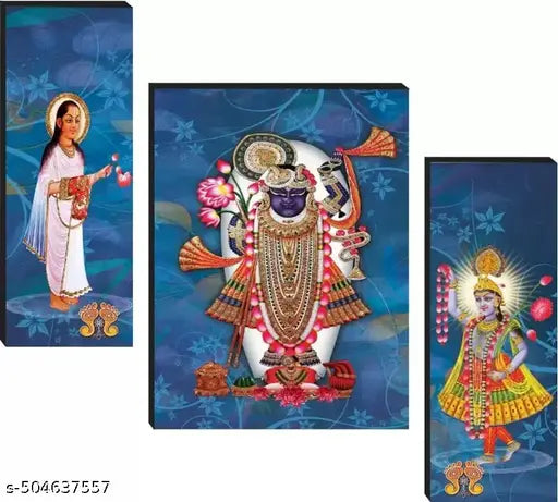 Aarav Art Gallery Shrinathji with Yamunaji and Mahaprabhuji Nathdwara Religious 3 Piece MDF Painting Home Decor  Wall painting