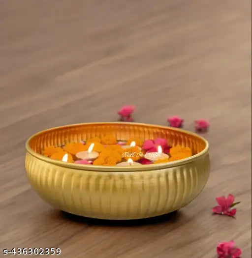 metal urli bowl Decorative Urli Bowl Handicrafts Flower Decorative Urli Bowl for Home Handcrafted Bowl for Floating Flowers and Tea Light Candles Home,Office and Table Decor| Diwali Decoration Items, Metal, Gold