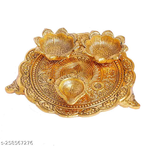Pooja Thali Set With 3 Diya Metal Item Beautiful Item For Home/Kitchen/Office/Gift Item Brass  (1 Pieces, Gold)