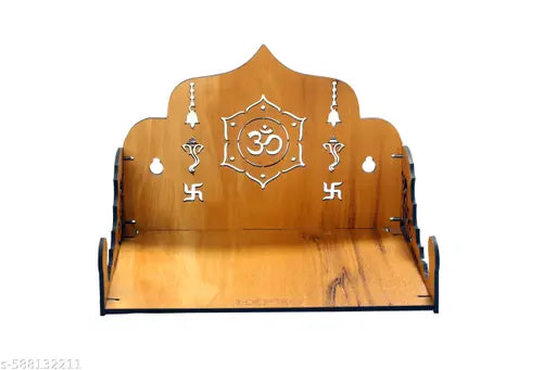 Engineered Wood Hand crafted Om Pattern Home Temple For Puja Temple for Home and Office l Puja Stand l Wooden Mandir, Set Top Box Stand For Home and Office (Brown) (Pack Of 1)
