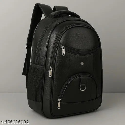 Size: M (15-30L) Zerus Black PU Leather Laptop Backpack for Office School College | Unisex 15.6" Stylish Business Bag for Men & Women