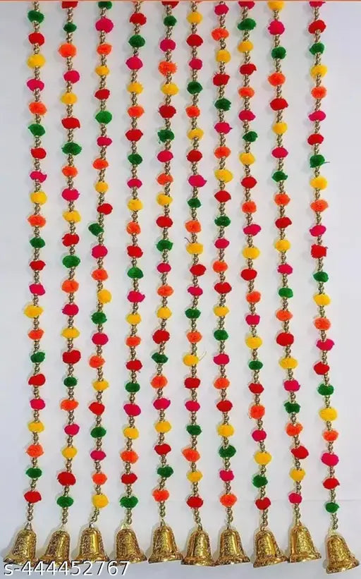 Handmade Wall Door Multicolor Pom Pom String with Golden Beads, Big Bell Hanging Torans Garland Bandhwar Decoration Item for Home Décor Diwali Festival, Navratri, (5 FT)