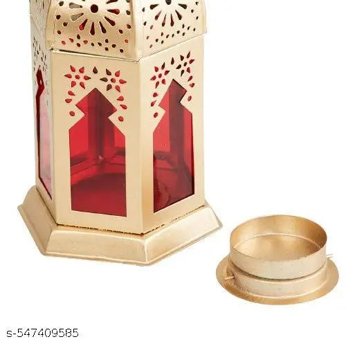 Iron Decorative Moksha Hanging Lantern Tealight Candle Holder (Golden, Red)Morrocan Iron Lantern Tealight Candle Holder with Red Colour Glass for Home Decor