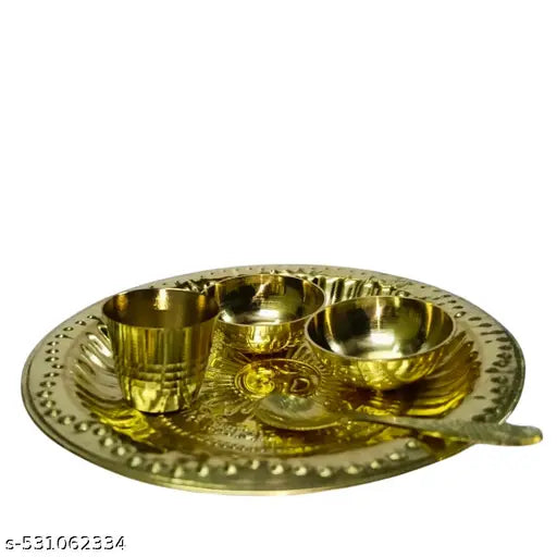 EliteTouch  Kanha Ji Bhog Thali Laddu Gopal Bhog Plate Thali Set Pooja Plates Thali 5 Pcs Set (Size: 4.5 Inch) Bhog Thali Set with 2 Katori, 1 Glass, 1 Spoon