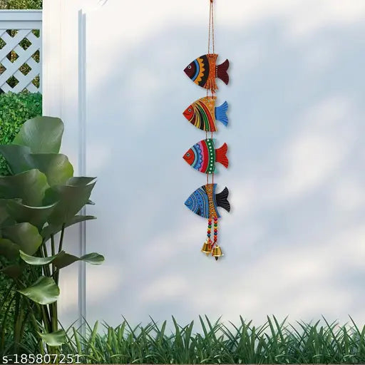 Sohibe Hanging Fish Feng Shui Vastu Show Piece for Decoration Garden Balcony Home Office Cafe Door Toran Latkan Festival Decorative Wall Hanging (Wood, Length-24 inch)