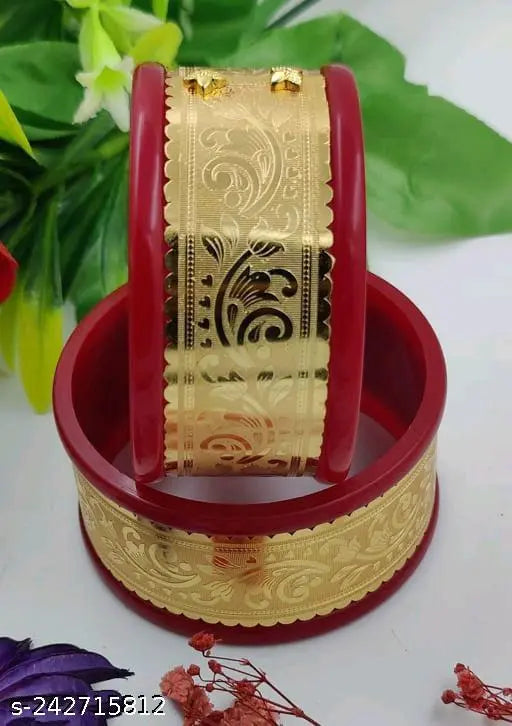 Gold Plated Maroon Stone Chuda Chura Bangle Set Indian Traditional Bridal Jewellery for Women Girls