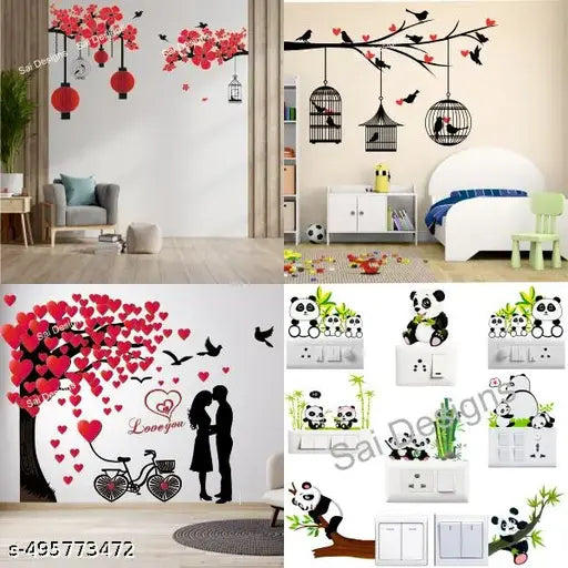 Sai Designs Combo of 4 Wall Stickers- Red Chinesh Lumps Cute Couple And Panda Lover Switch StickerBirds And Cage Vinyl Decorative Wall for Hall, bedroom & kitchen