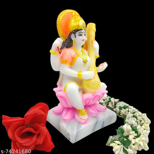 Om Sai Gifts Kamal Saraswati Maa Idol in Marble Material | 7.5 inches | Multicolored | Ideal for Home Temple puja | Festival pujan | Home Decor | showpiece | Gift Item