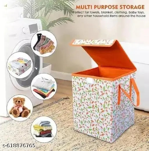 STYLE.OLO Multipurpose Fabric Laundry Basket with Lid & Handles | Foldable Clothes Storage Organizer Box | Lightweight & Durable Printed Laundry Bag | Toy Storage Basket | Fabric Laundry Hamper | Clothes Storage Box | Home Organizer Bin (38x32x29 cm)