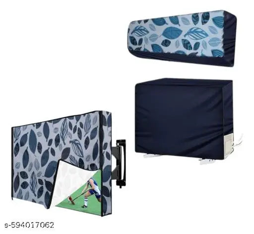 Split AC Cover Set for 1.5 Ton with 32 Inch TV Cover, Waterproof Dustproof Protection, Blue and Navy Leaf Print Design