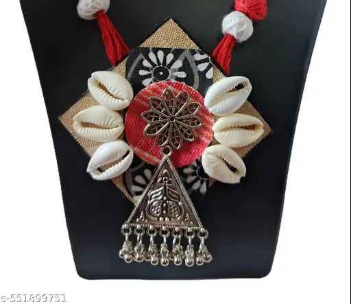 Handcrafted Tribal Shell Necklace Set with Earrings, Red Thread, Multicolour Beads and Metal Pendant (Pack of 2).