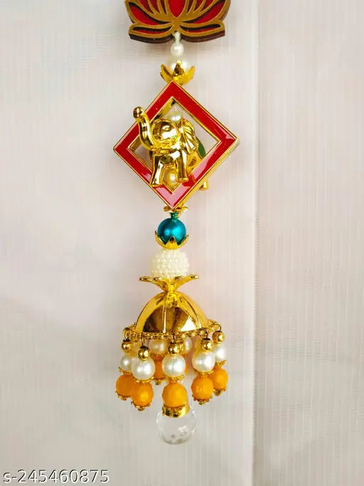 Red Color Lotus Crystal Diamond Wirh Elephant Golden Caps,Door Hanging Latkan Toran for Main Door Multi Colour Beads Size (Size:10.5-Inch) Length (1 Pair) (2Pes)