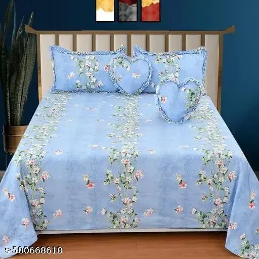 Sunshine Luxurious 5 Pcs Bedsheet Set (1 King Size Bedsheet + 2 Decoratiive Frill Pillow Covers + 2 Decoratve Frill Heart shaped Cushion Covers with Fillers)