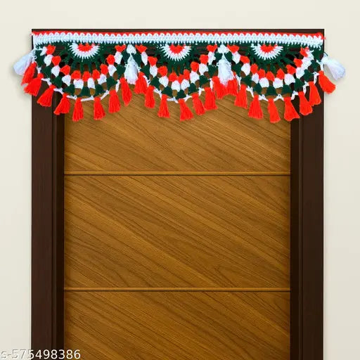 Handmade Woolen Toran | Tricolour Toran for Door Hanging/Puja Room/Diwali Decoration | Crochet Festive Door Toran - Pack of 1
