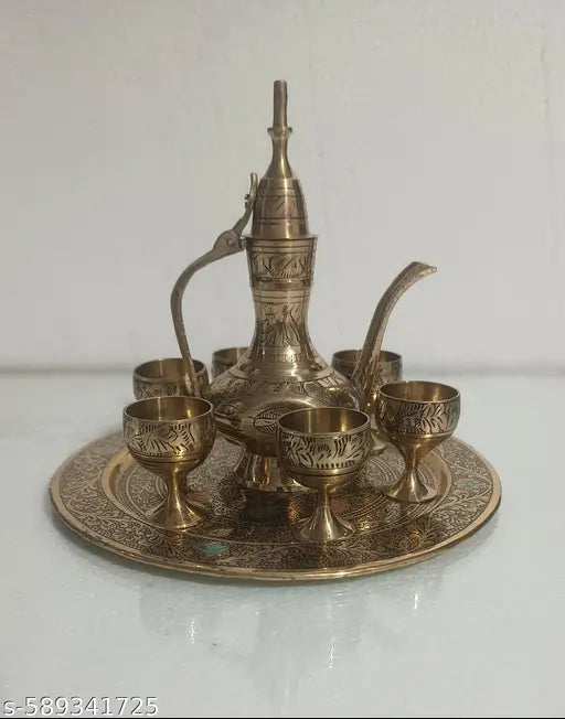 Elegant Hand-Arted and Hand-ARTISTICLY Painted BRASS AFTABA Set of 8 Pcs.;  A Great Luxurious Gift for your Loved Ones; A SERVING TRAY WITH INTRICATE TRADITIONAL DESIGNS & FLORAL PATTERNS;  AFTABA- 5.5 Inch Height, Cup - 1.5 Inch Height, Tray - 7 Inch Dia