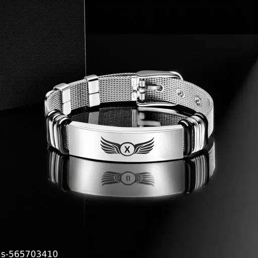 The Men Gift  Personalized Initial “X” Winged Charm Bracelet for Men – Stylish Stainless Steel Mesh Strap Bracelet – Adjustable Engraved Bracelet for Bikers, Riders & Trendsetters ShivBr2025582