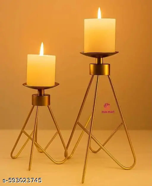 Luxury Gold Metal Candle Holder Set of 2 – Modern Tripod Pillar Candle Stand for Home & Festive Décor