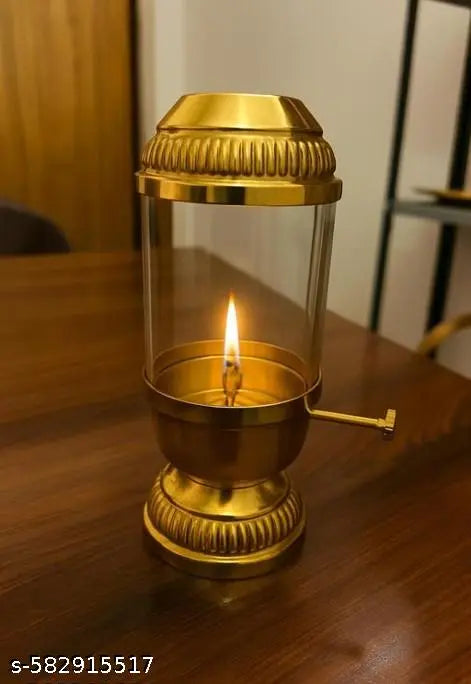 Pure Brass Akhand Diya with Borosilicate Glass & Adjustable Bati Knob || Traditional Oil Lamp for Spiritual Use in Mandir, Home Puja, Diwali, Navratri