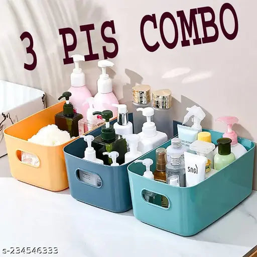 Plastic Storage Basket Multipurpose Colorful for Kitchen & Home Organizer Box for Wardrobe, Fruits Vegetables, Toys, Stationary Items (Storge Basket Without Lid-3Pcs)