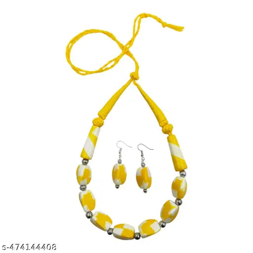 Handcrafted Chemical Beads Necklace and Earring Set, Yellow and White Marble Pattern, Traditional Design.