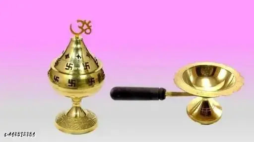Haridwar Trends Akhand Jyoti Oil Lamp || DHUPIA WOODEN HANDLE AARTI DEEPAK Diya for Diwali Festive Decorations Diya Jyoti Stand with Cover Oil Lamp Om and Swastik Symbol Decorative Brass Diya