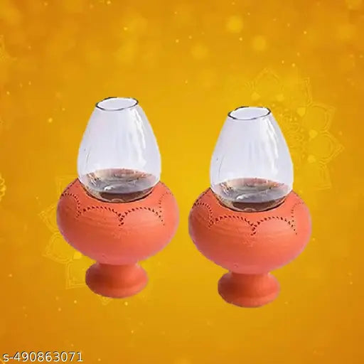 EARTHERNWARE DIYAS WITH LID ,CLAY AGAL VILAKU CHIMMEY SIZE LAMP SAVE IT FROM AIR NATURAL TERRACOTTA CLAY OIL LAMP TERRACOTTA ANAIYA VILAKKU ,OIL LAMP WITH GLASS COVERED  (PACK OF 2)