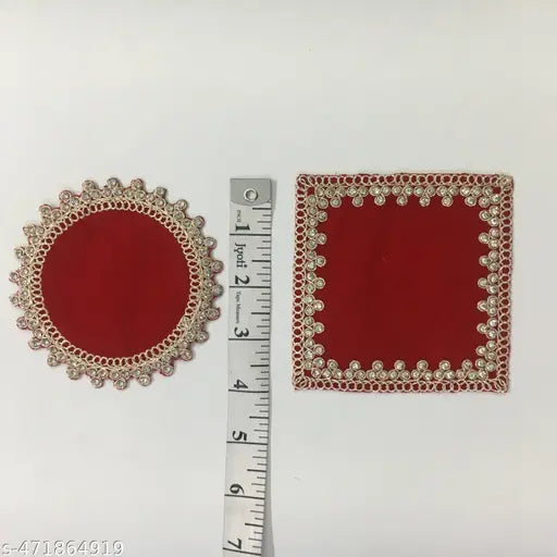 Premium Puja Aasan for Ganapati and Krishna, Red Velvet Puja Aasan with Crystal Border, 10 x 10 cm, Set of 10 Pieces for Temple Decoration,Velvet Puja or bhagwan Aasan for Home mandir for Idols