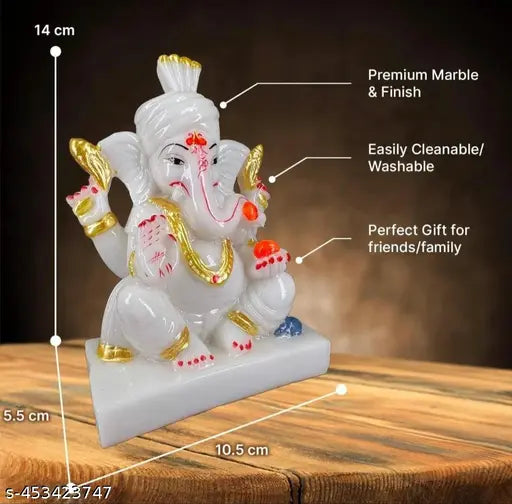 VIDHAYA ARTS White Marble Ganesh Ji Idol, Ganpati/Ganesha Murti, Religious Gift for Office, Home Decor, Temple, Spiritual Gift Decorative Showpiece - 14 cm