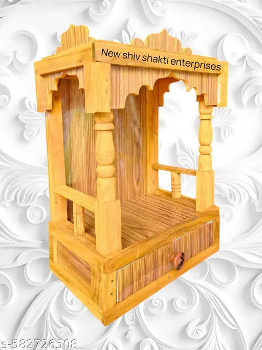 Ram Ji Handcrafted Brown Wooden Temple with Drawer – Compact 45x32x22 cm Pooja Mandir