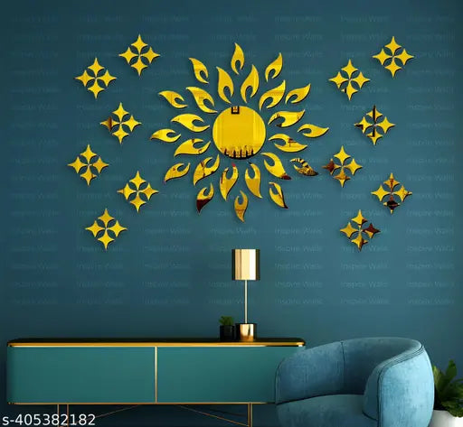 Inspire Walls Golden Sun 45 cm & 50 Stars Mirror Stickers for Wall - 3D Acrylic Wall Decor | Mirror Stickers | Mirror Stickers for walls | Self-adhesive mirror | Decorative mirror | Wall Decor Mirror (Golden Sun 45 cm & 50 Stars Mirror)