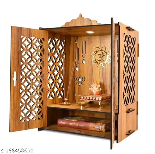 UTILITY Wooden Temple Mandir for Home with Door Cabinets | Beautiful Pooja Unit with Storage Space | with LED Light and Wall Mounts | Elegant Pooja Mandir for Home Big Size(H-21, L-17 B-11 inch)