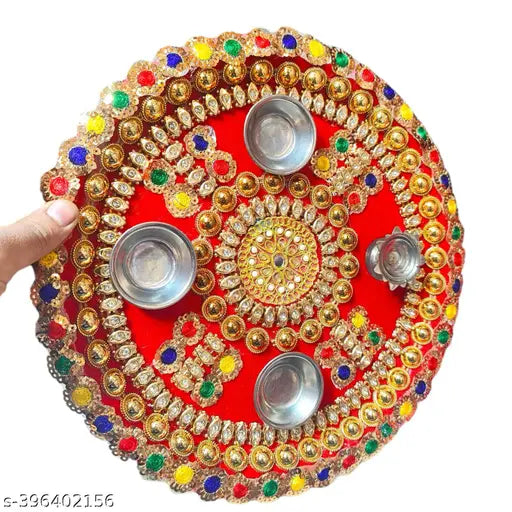 Handmade Decorative Pooja Thali, Puja Plate, Karwachauth Thali Set | Diwali Gift Items | Decorative Items for Pooja | Aarti Thali Decorative