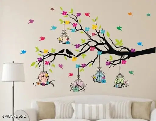 Heaven Decors - Medium - Tree Branches With Birdcage And Flower- Wall Decoration Sticker Home ( ideal size on wall: 100 cm x 60 cm ),Multicolour
