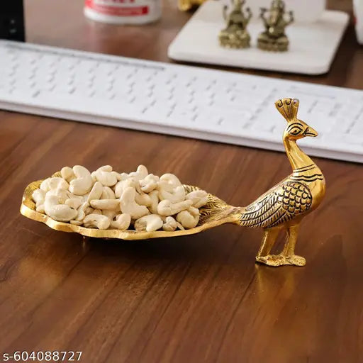 Golden Hand Crafted Metal Peacock Wing Shape Tray Perfect for Home Centre Table Serving Dry Fruits