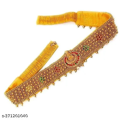 Classy Laxmi Design Cloth Saree Waist Belt Stretchable Embroidery Kamarpatta Golden colour Kamarband Temple Jewellery for Women
