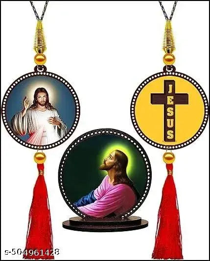 IdolCraft Jesus & Holy Cross Car Hanging & Car Dashboard Idol Showpiece Combo (Set of 3)