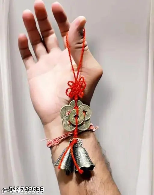 Fengshui Vastu Lucky Brass Hanging 2 Bell Six Coins Main Entrance Door Hanging for Home Office Wealth Prosperity Spiritual Decor Item