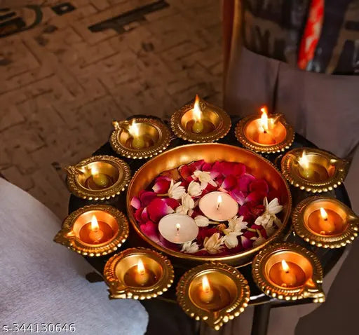 New Pack of 2 Urli Bowl (Decorative Metal Diya Urli Bowl Design) for Floating Flowers and T - Light Candles Made by Iron for Home, Office and Table Decor - (Size-10 Diameter), Golden Color