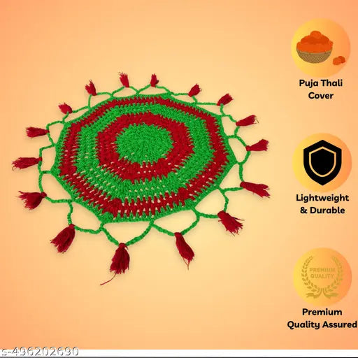 (20 inch) Red and Green Colour Beautiful Thaliposh | Thalposh for Puja Thali Cover | Woolen Thalposh/Thaliposh for Puja Thali Decoration - Pack of 1