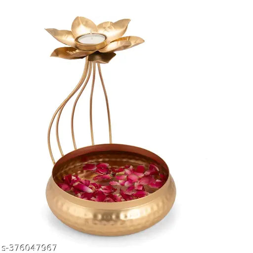 The Krafts Hub Metal  Tealight Candle Holder for Diwali Decoration Items with Base of Urli Bowl - Gold (Height 10 Inch), Diwali Gift Items