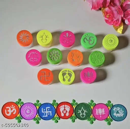 Icon Rangoli Stamp Dabbi Set – 12 Pcs Random Designs | Rangoli Filler Stamp Kit | Easy Rangoli Making Tool Set | Decorative Rangoli Stencils for Indoor & Outdoor Use