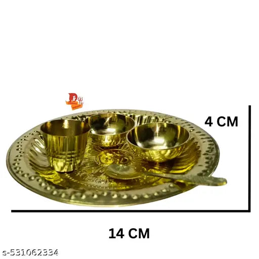 EliteTouch  Kanha Ji Bhog Thali Laddu Gopal Bhog Plate Thali Set Pooja Plates Thali 5 Pcs Set (Size: 4.5 Inch) Bhog Thali Set with 2 Katori, 1 Glass, 1 Spoon