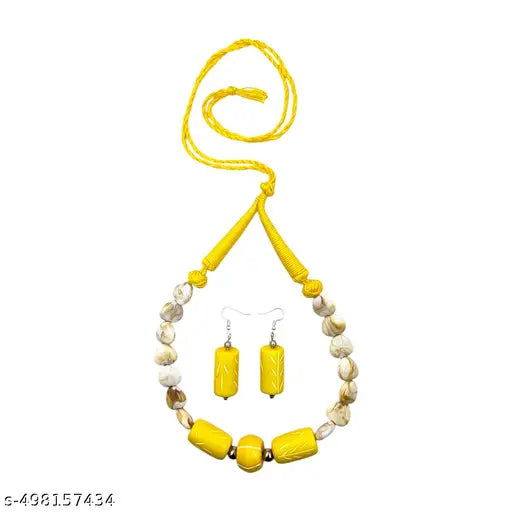 Handmade Beaded Necklace and Earring Set, Yellow and Beige Chemical Beads, Fashion Jewellery.