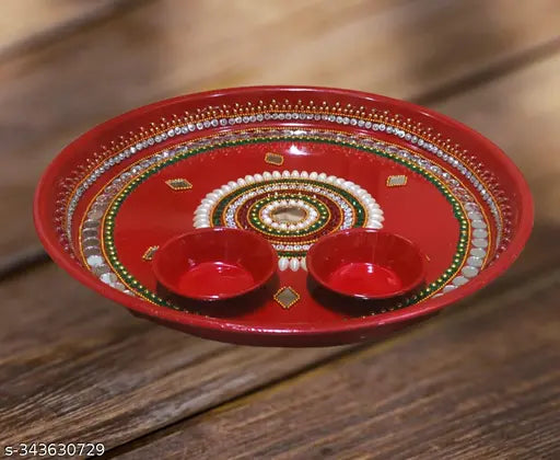 Handcrafted Decorative Pooja Thali Set | Puja Thali for Aarti   (Red -10.5 Inch)
