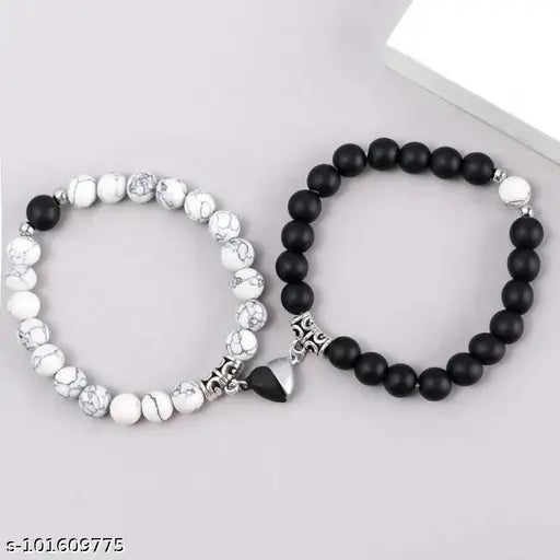 I Love You 2 Pcs Magnetic Valentines Day Broken Heart Love Couples Promise 2 in 1 Duo Wrist Band Cuff Elastic Field Therapy 8mm Howlite Black Beads Stone  Bracelets