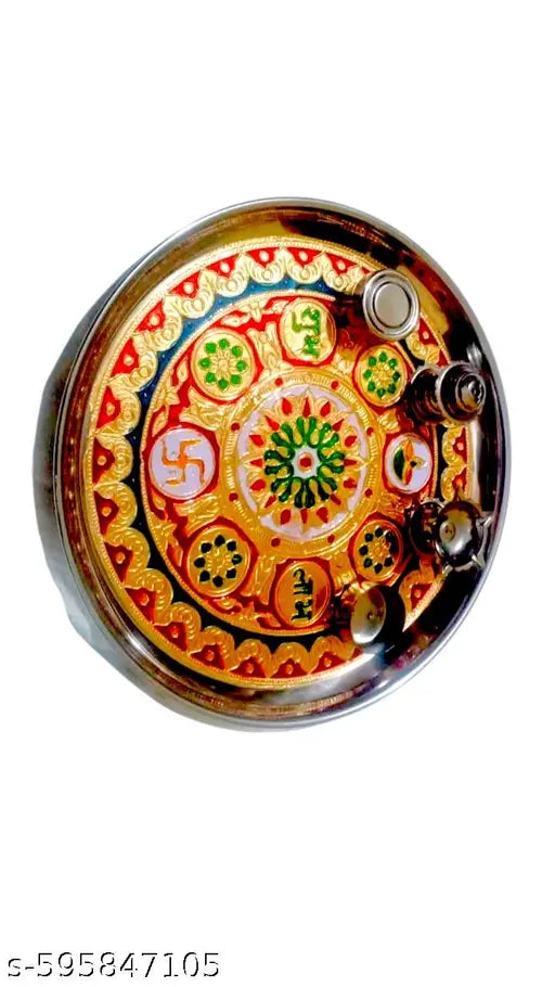 Decorative Pooja thali/Ornate Embellished Pooja Plate/Traditional aarti thali/Decorated Pooja Tray/Indian Pooja thali with diyas/Puja thali Set with Incense Holder (10 inch)